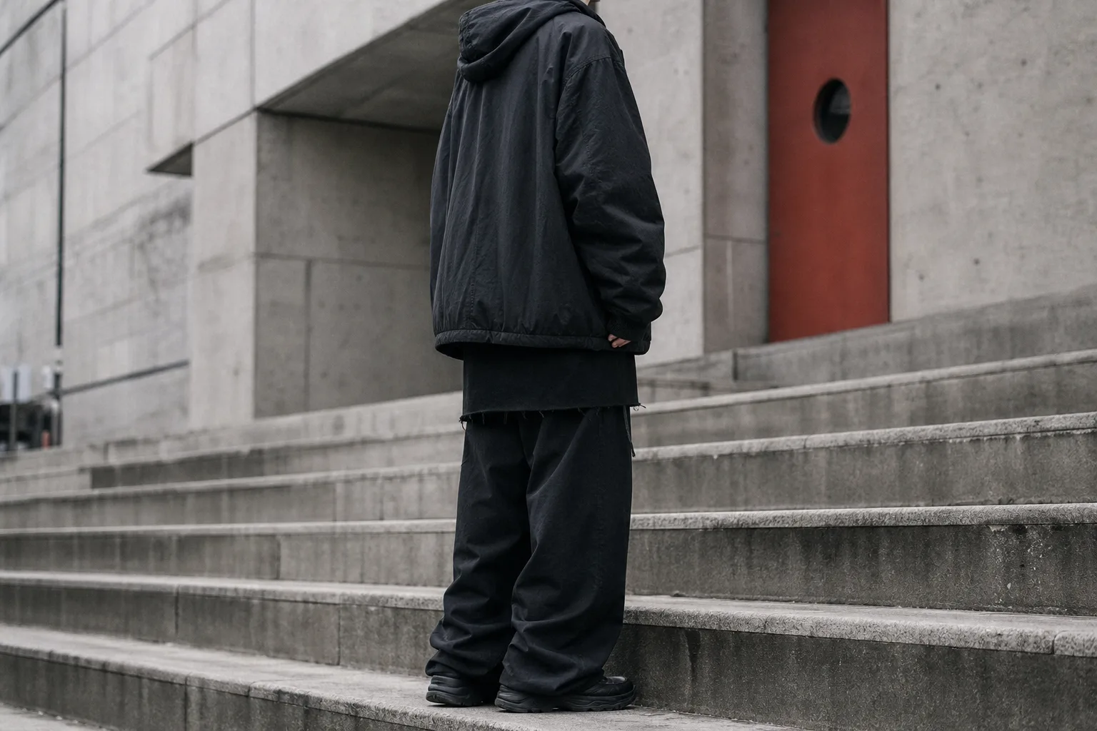 Person in weiter dunkler Streetwear auf einer hellen Betontreppe