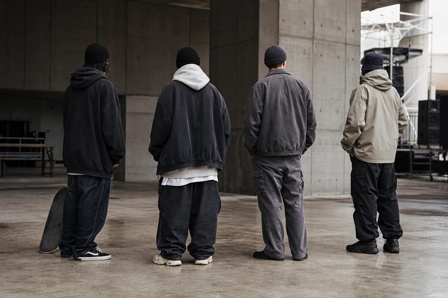 Redaktionelle Konzeptaufnahme zu Streetwear-Stile: Skate, Workwear, Techwear und Vintage